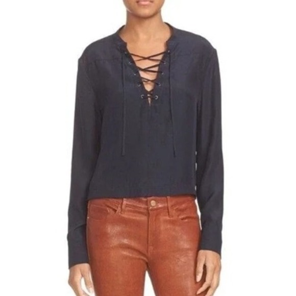 Frame Denim Tops - FRAME Small Satin Blouse Navy Blue Lace Up Neck Long Sleeve 100% Silk Top